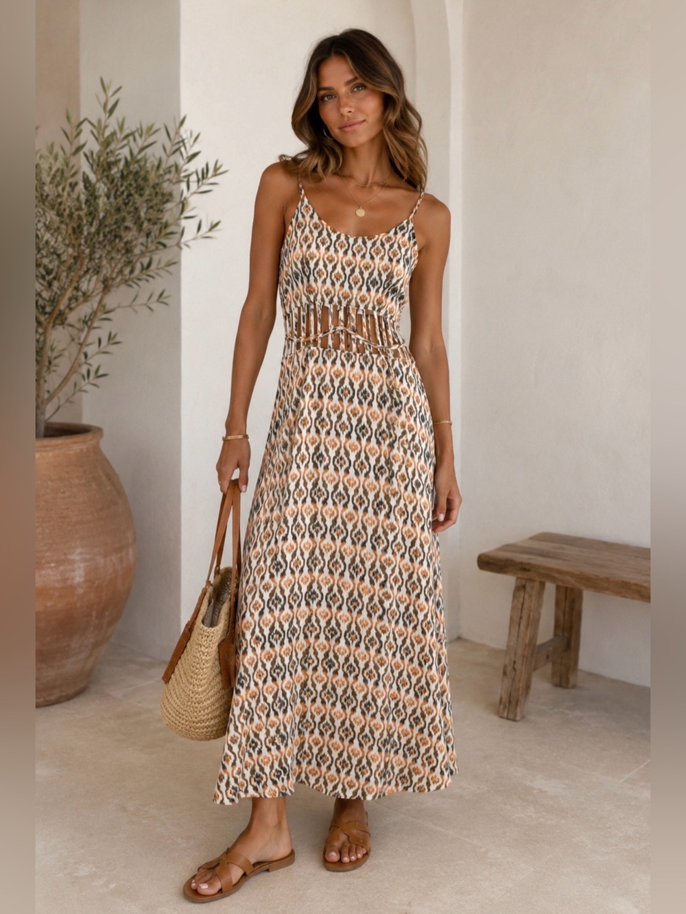 Dress The population Cage Waist Orange White Maxi Dress Sleeveless scoop Medium